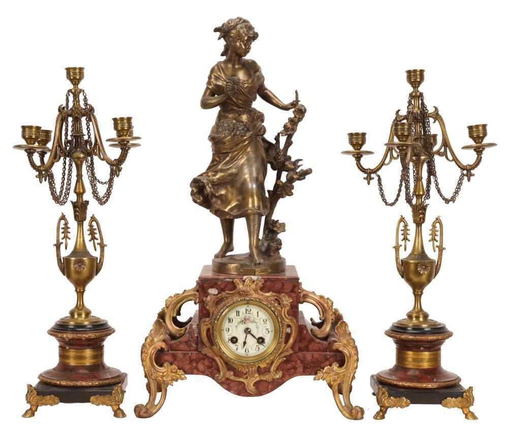 Appraisal: THREE-PIECE CLOCK GARNITURErouge marble slate and gilt metal unsigned the