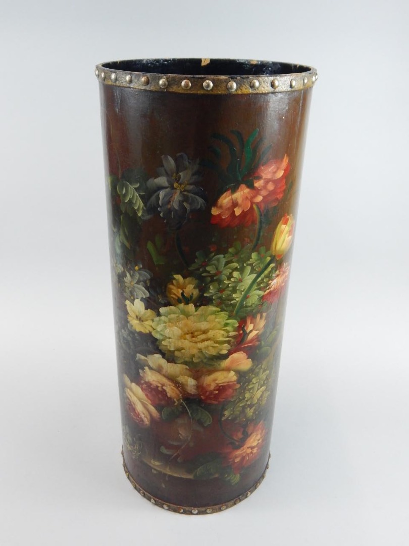 Appraisal: A thC floral painted laminated waste paper basket of cylindrical