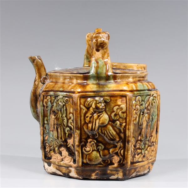 Appraisal: Chinese Sancai green and brown glaze teapot with figural handle