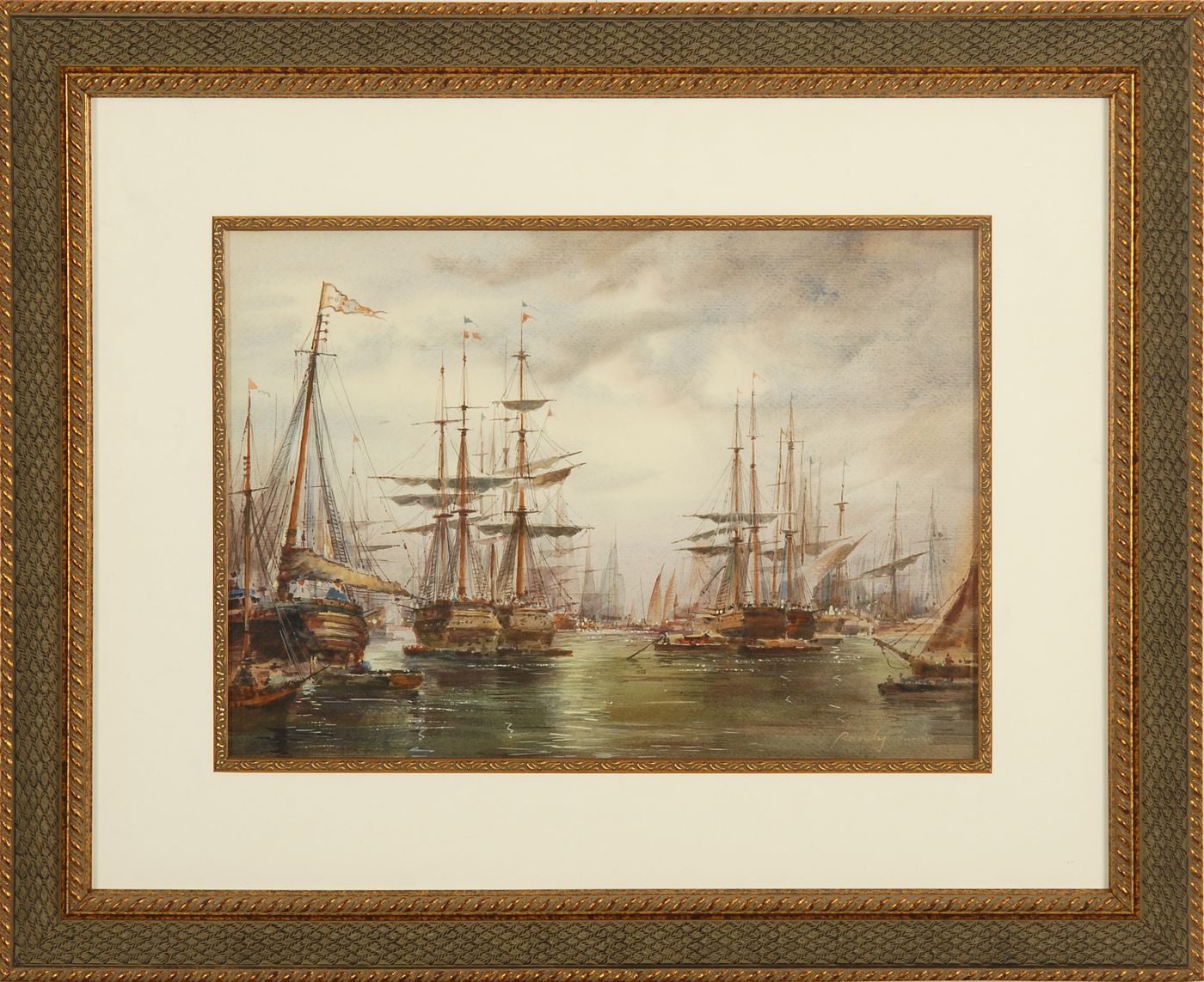 Appraisal: FRAMED WATERCOLOR Harbor scene with numerous sailing ships at anchor