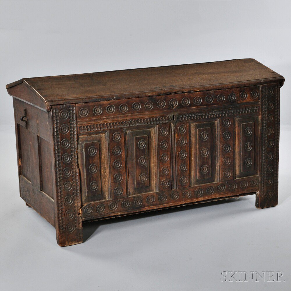 Appraisal: Carved Elm Coffer th th century with a hinged pediment