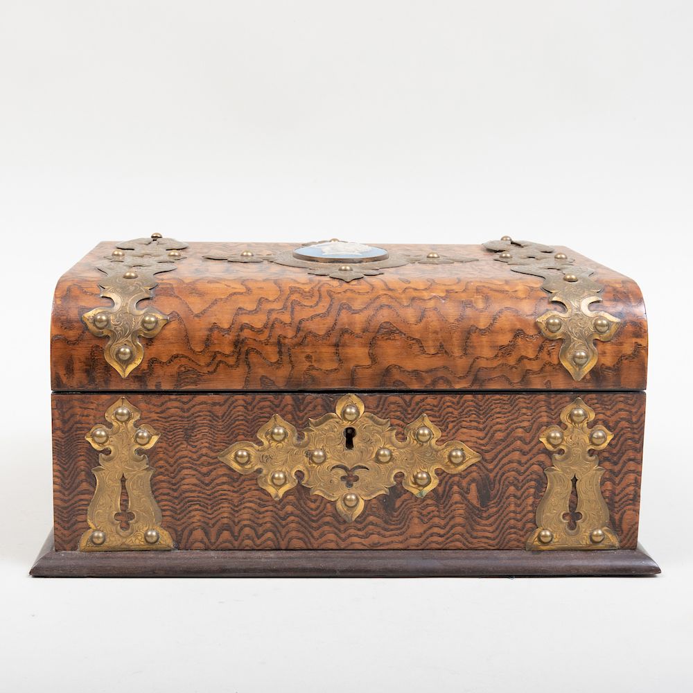 Appraisal: Baroque Style Brass-Mounted Calamander Work Box Mounted with a Porcelain