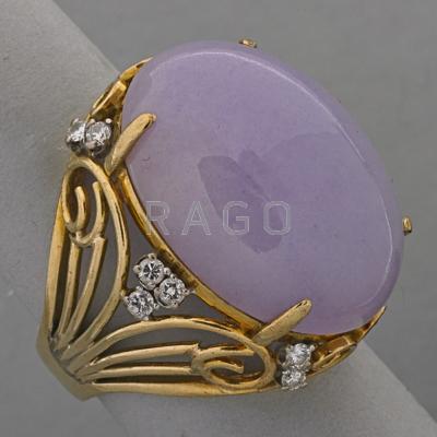 Appraisal: K YELLOW GOLD LAVENDER JADE DIAMOND RING Oval jade cabochon