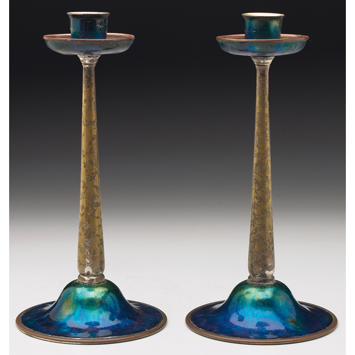 Appraisal: Tiffany Furnaces candlesticks pair bronze with a colorful enameled base