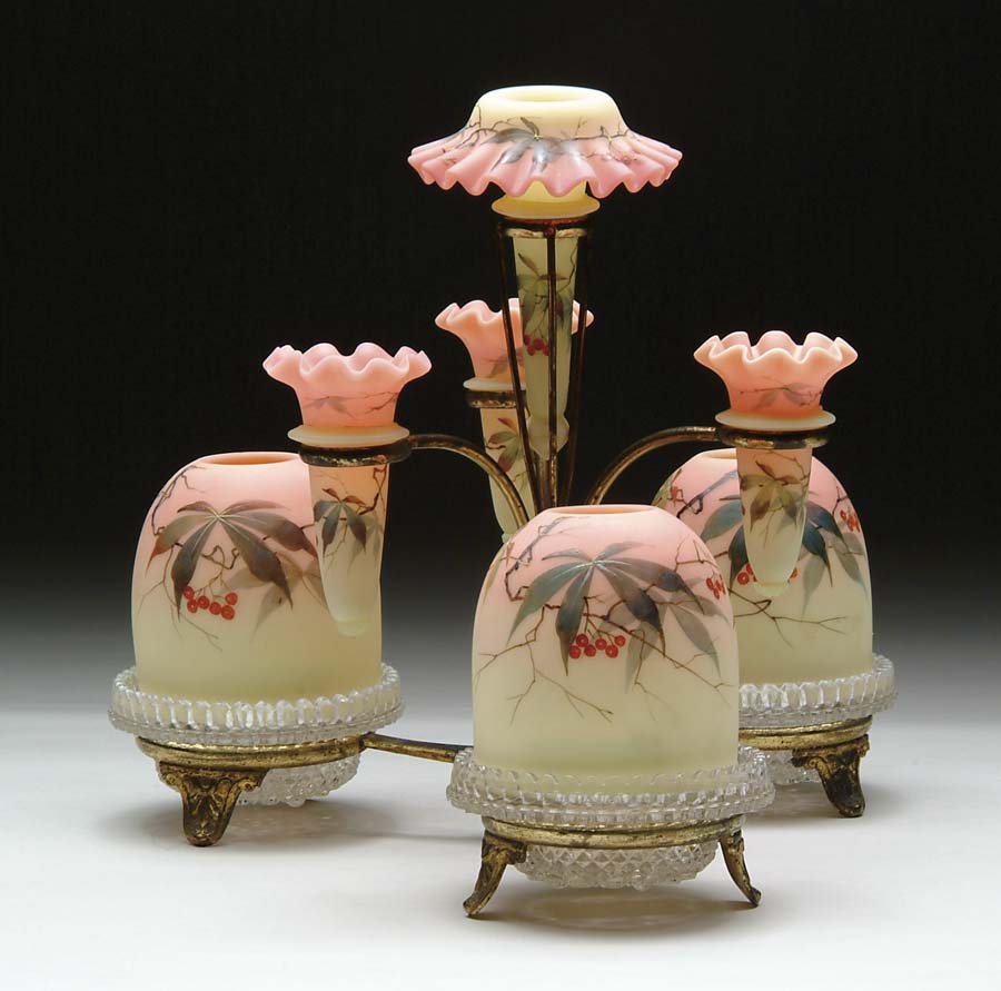 Appraisal: WEBB BURMESE EPERGNE Wonderful epergne features three Burmese fairy lamps