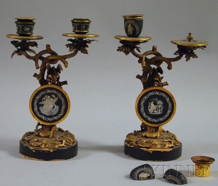 Appraisal: Pair of Gilt-bronze Figural Double Candlesticks with Wedgwood Black Jasper