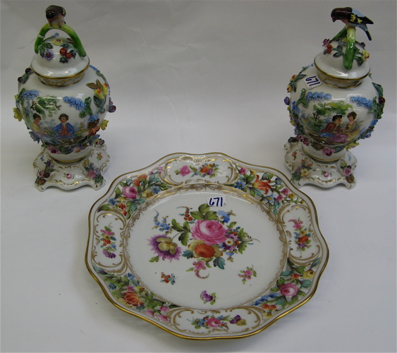 Appraisal: THREE GERMAN DRESDEN PORCELAIN TABLE ITEMS pair of covered urns