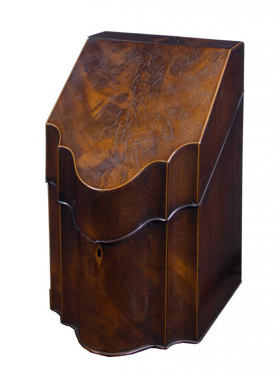 Appraisal: A GEORGE III MAHOGANY CUTLERY BOX with sloping lid and