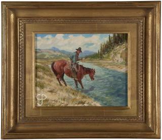 Appraisal: Joe Neil Beeler Cowboy on horseback fording a river signed