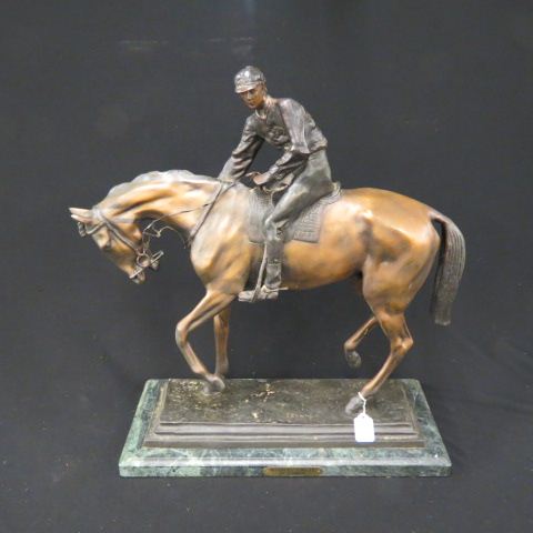 Appraisal: Bronze Statue of Horse Jockey after Bonhour green marble base