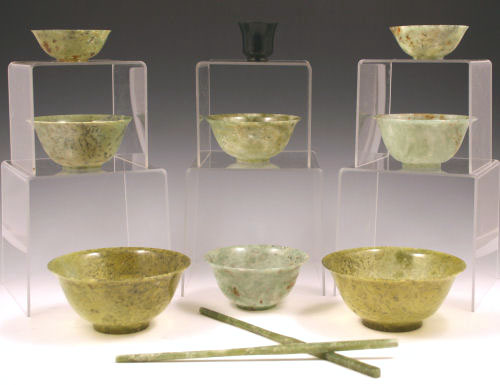 Appraisal: COLLECTION OF JADE BOWLS CHOPSTICKS To include larger bowls ''