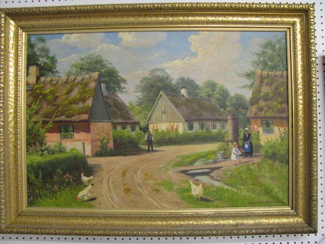 Appraisal: Oswald Rosecasser Oil Village scene with chickens people listed artist