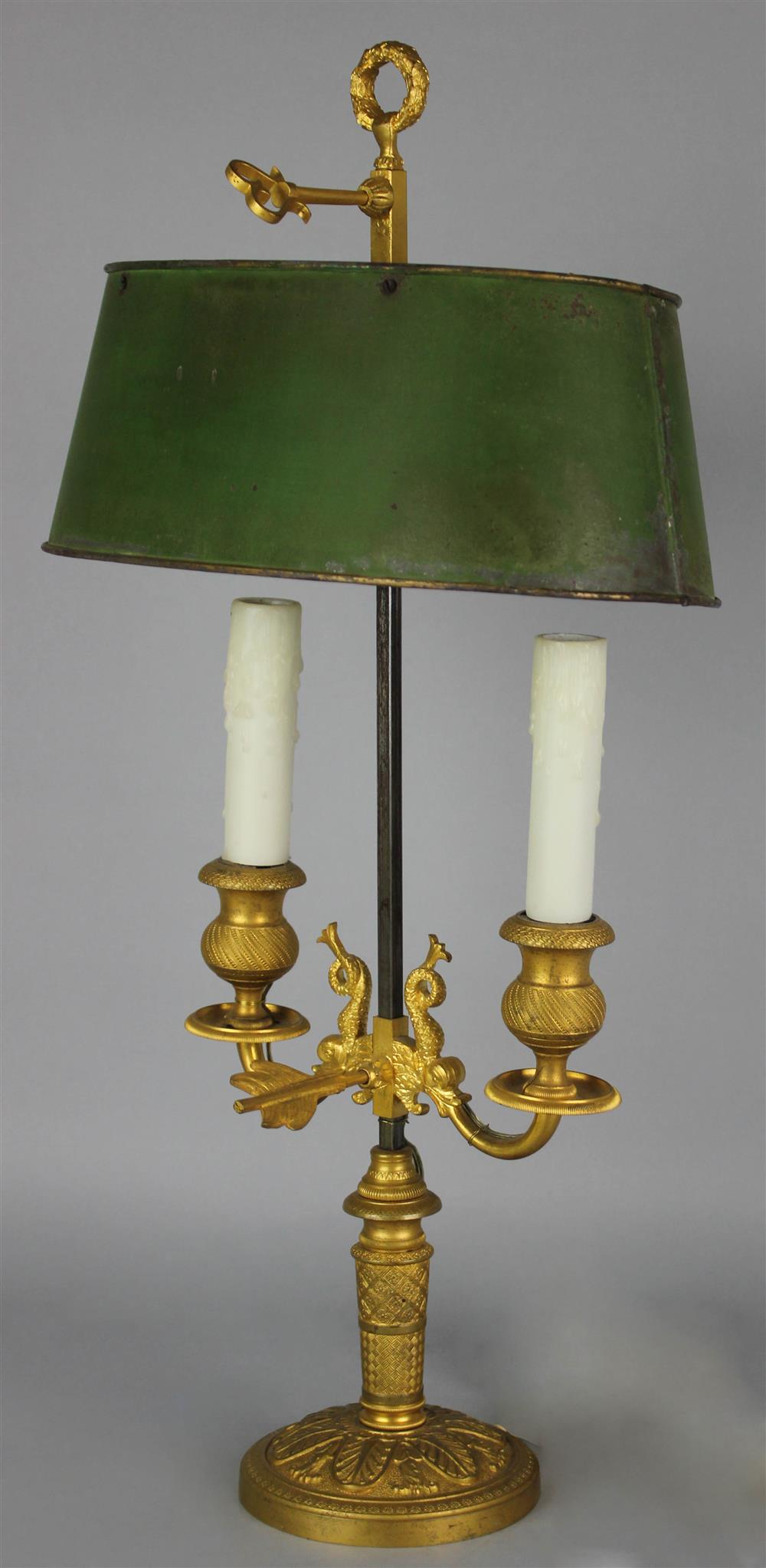 Appraisal: EMPIRE GILT BRONZE AND TOLE PEINTE TWO LIGHT BUILLOTTE LAMP