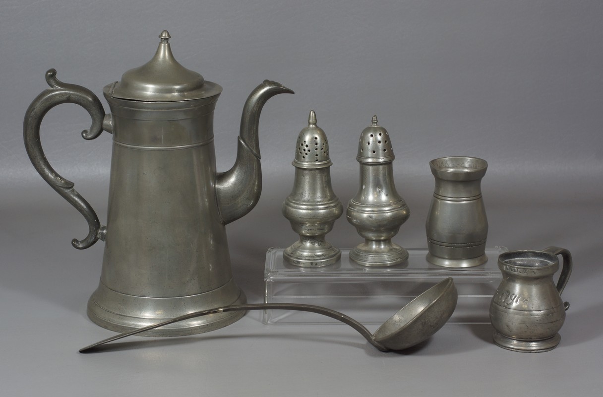 Appraisal: pcs early pewter Hall Boardman coffee pot pr shakers measure