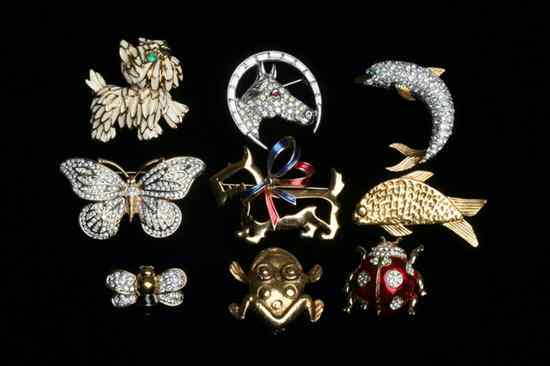 Appraisal: NINE COSTUME JEWELRY PINS IN FORMS OF ANIMALS INSECTS AND