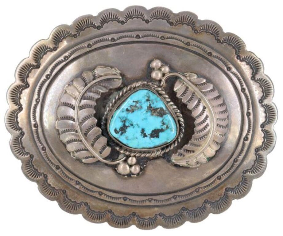 Appraisal: Southwest silver content unknown belt buckle bezel-set turquoise framed by