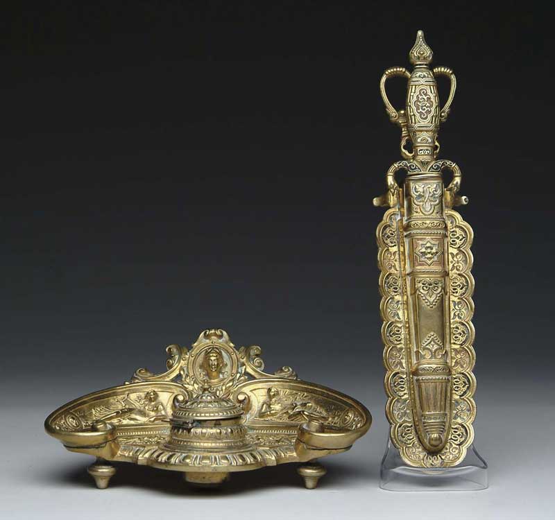 Appraisal: BRASS FANCY DESK SET Lot includes a fancy brass inkstand