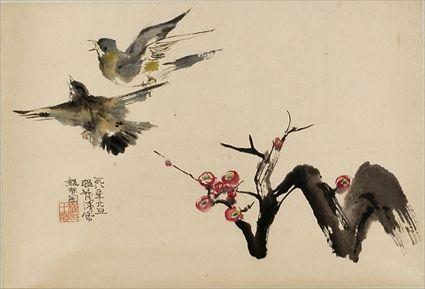 Appraisal: CHINESE SCROLL SONG BIRD AND PRUNUS BLOSSOM Watercolor on paper