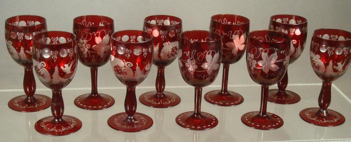 Appraisal: etched Bohemian ruby to clear wine glasses h Estimate -