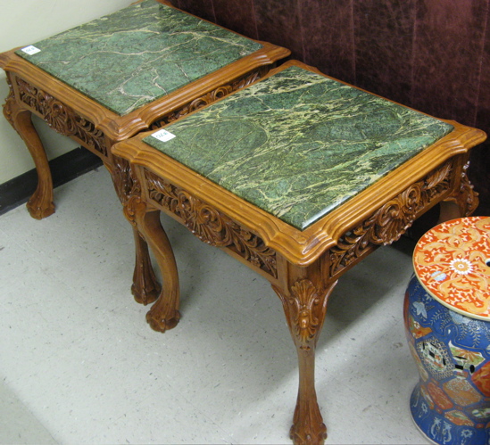 Appraisal: PAIR OF MARBLE-TOP LAMP TABLES Chippendale revival design th century