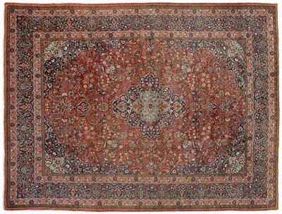 Appraisal: Finely woven Kashan rug cartouche-shaped central medallion on brick red