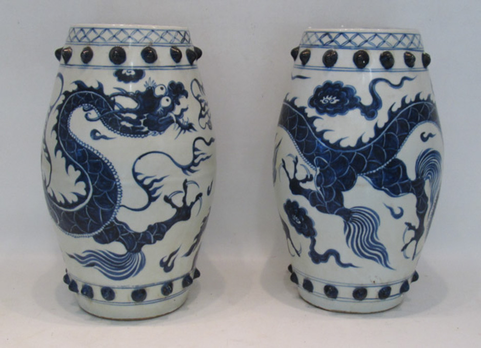 Appraisal: PAIR CHINESE PORCELAIN GARDEN STOOLS small scale blue underglaze with