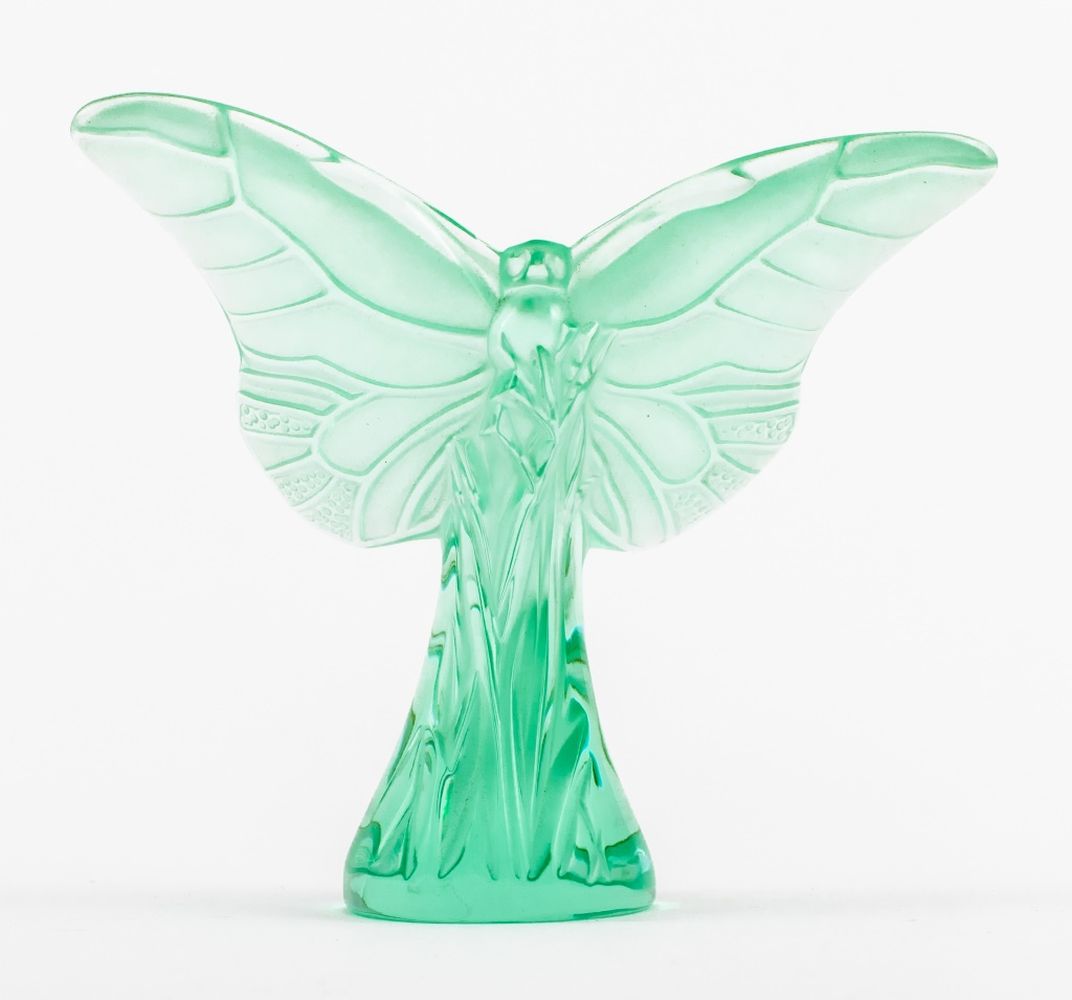 Appraisal: LALIQUE BUTTERFLY ROSEE GREEN GLASS SCULPTURE Lalique Butterfly Rosee frosted