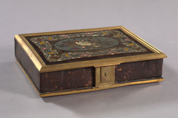 Appraisal: Continental Bronze-Mounted Cut Brass- Tinted Bone- Engraved Copper- and Mother-of-Pearl-Inlaid