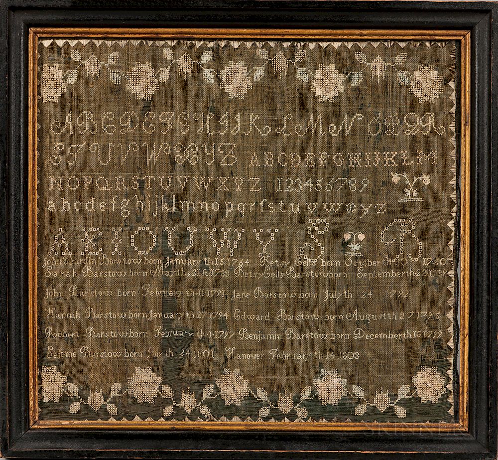 Appraisal: Barstow Family Needlework Sampler and Family Record Barstow Family Needlework