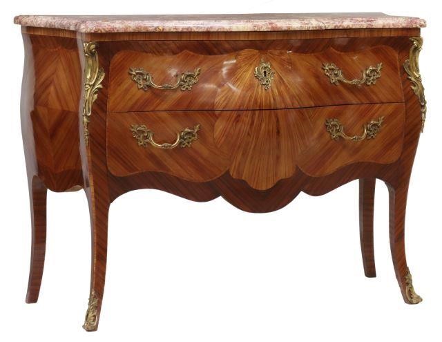 Appraisal: French Louis XV style marble-top mahogany bombe commode early th