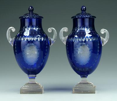 Appraisal: Pair cobalt glass urns cobalt cut to clear with stepped