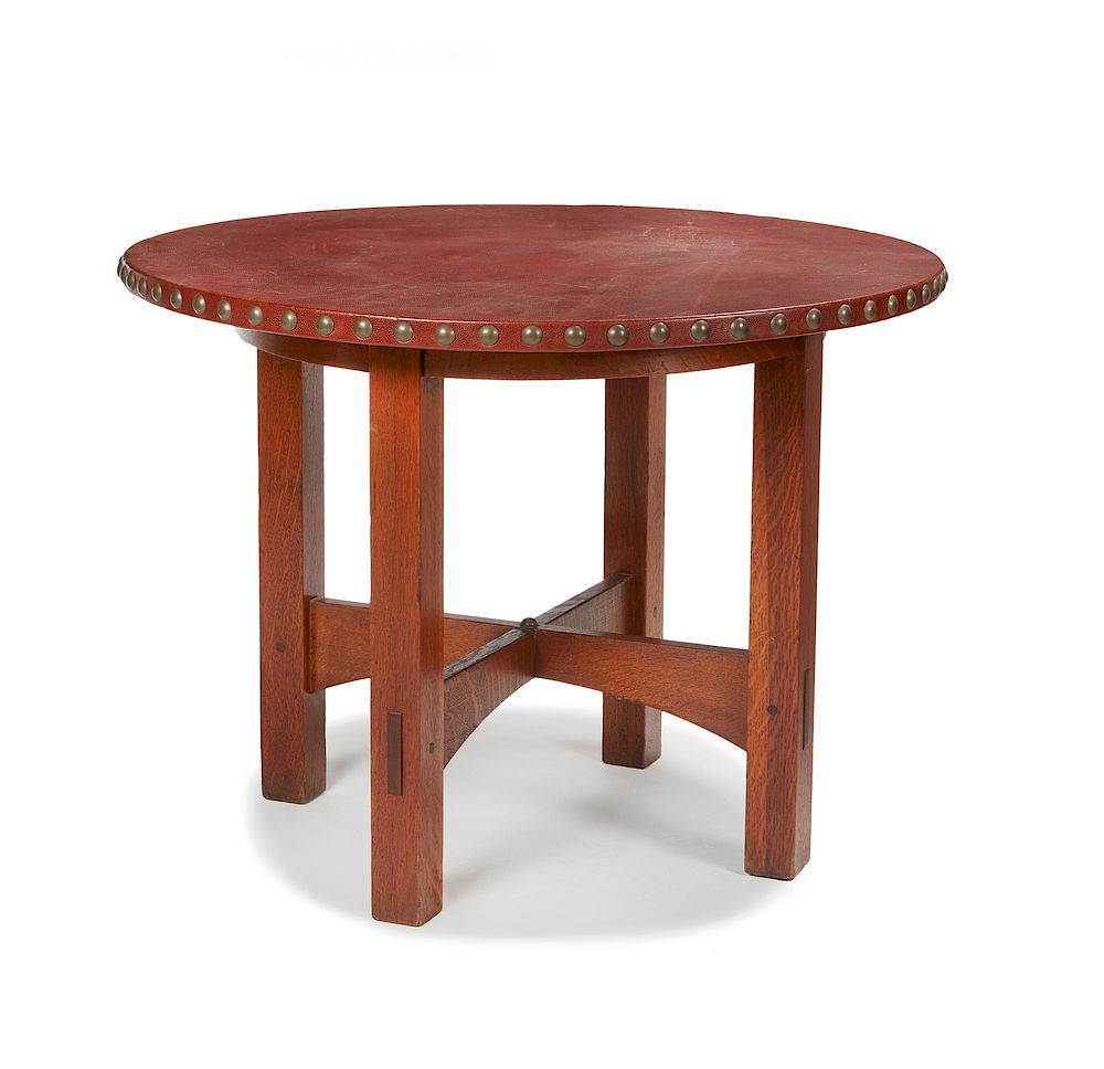 Appraisal: Gustav Stickley Lamp Table Gustav Stickley oak leather top lamp