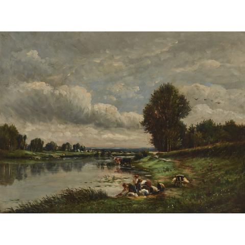 Appraisal: Manner of Emile Charles Lambinet - WASHERWOMEN AND COWS AT