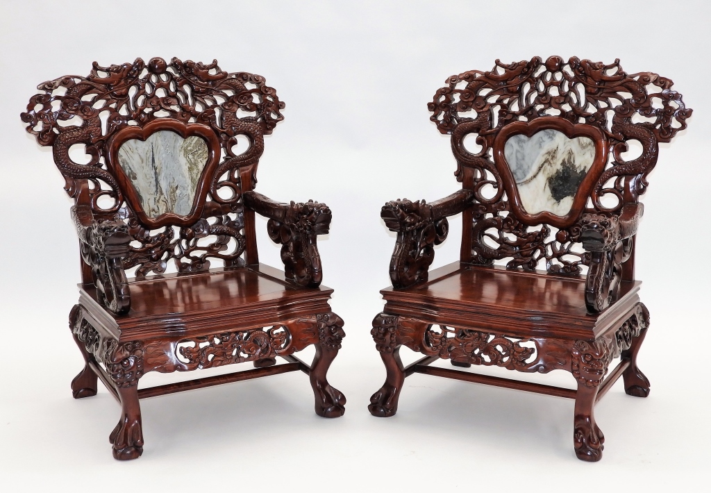 Appraisal: PR CHINESE CARVED HARDWOOD MARBLE MOUNTAIN CHAIRS China th CenturyCarved