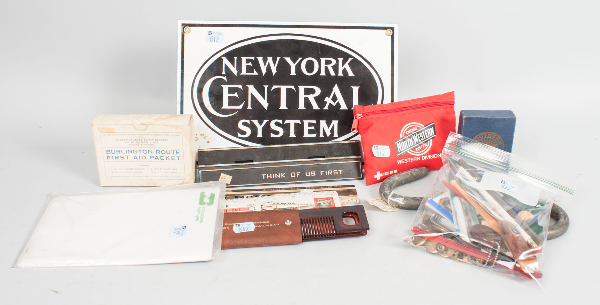 Appraisal: Assorted railroad office supplies including New York Central enameled sign