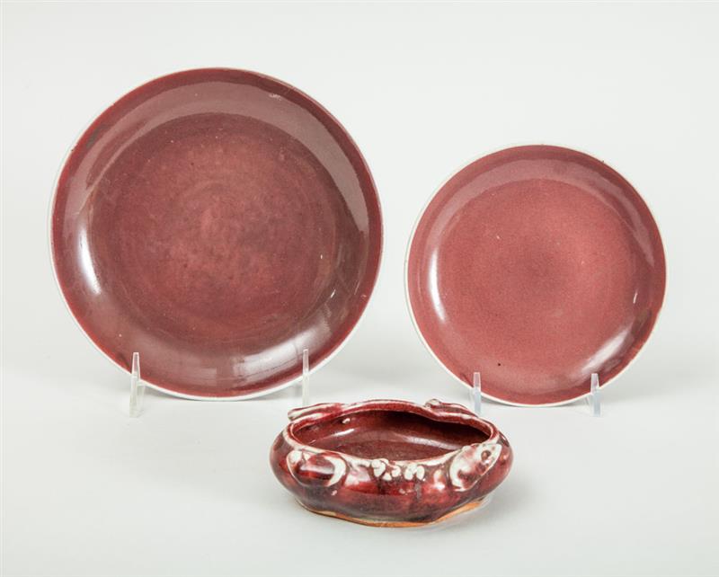 Appraisal: TWO CHINESE PEACH BLOOM GLAZED PORCELAIN DISHES AND A BRUSH