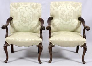 Appraisal: UPHOLSTERED MAHOGANY ARM CHAIRS PAIR UPHOLSTERED MAHOGANY ARM CHAIRS PAIR