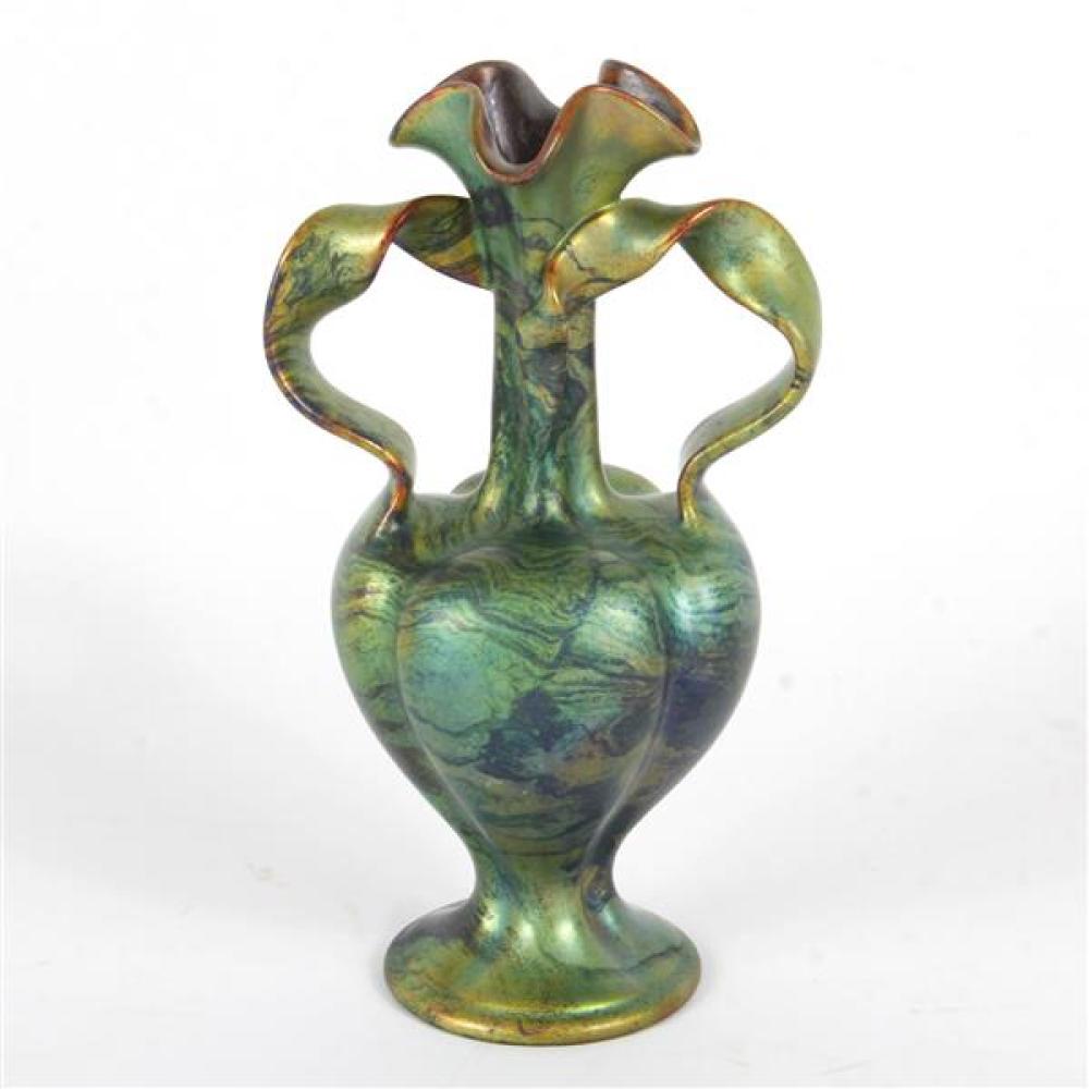 Appraisal: ZSOLNAY DOUBLE RIBBON HANDLED ART NOUVEAU POTTERY VASE PECS HUNGARY