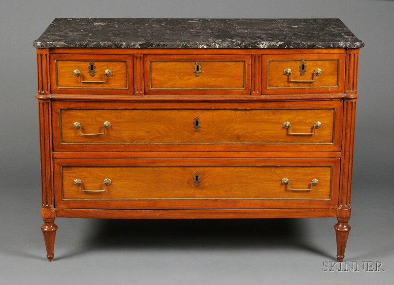 Appraisal: Louis XVI Marble-topped and Brass-mounted Walnut Commode c white speckled