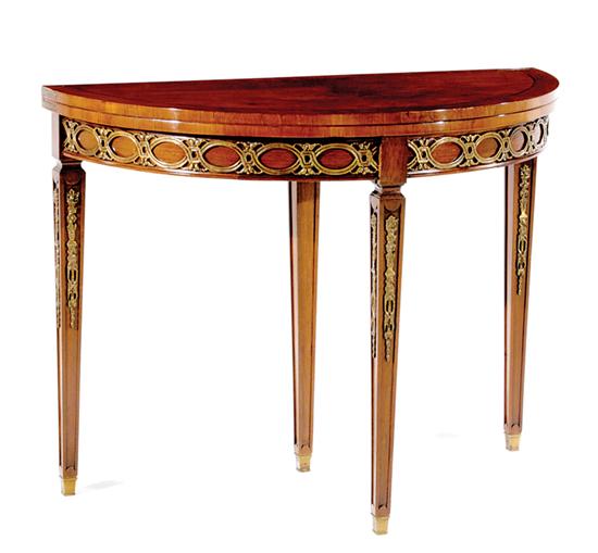 Appraisal: French style inlaid walnut games table hinged demilune top opening