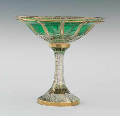 Appraisal: Moser Style Glass Compote with Green and Gilt Decoration Apprx