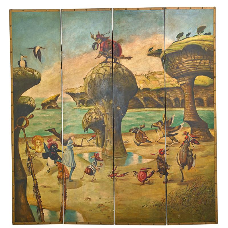 Appraisal: PAINTED ALICE IN WONDERLAND SCREEN Four painted panels depicting the