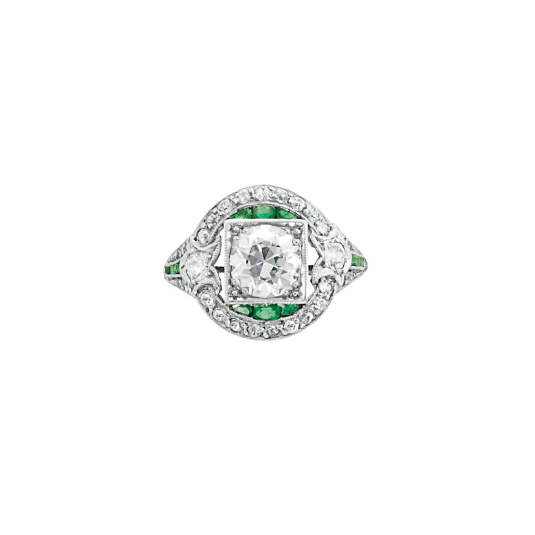 Appraisal: Platinum Diamond and Emerald Ring One old European-cut diamond ap