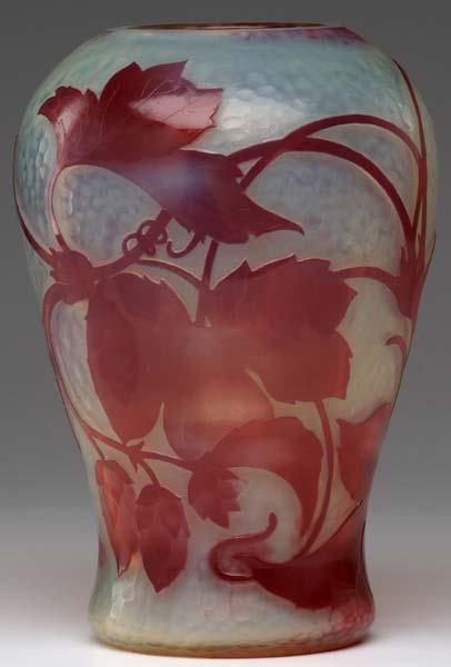 Appraisal: DAUM Bulbous vase acid-etched with pink leafy vines against an