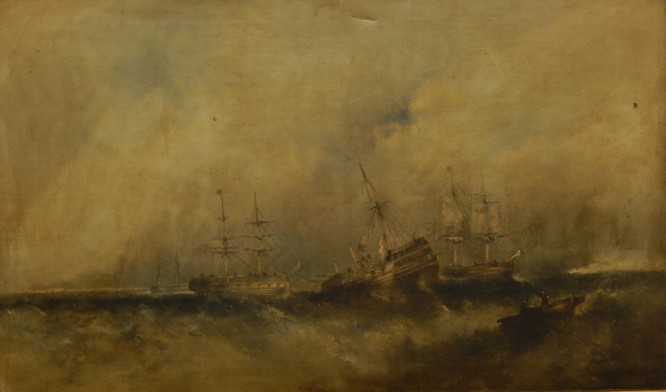 Appraisal: A McHyman thC Masted ships in stormy sea oil on