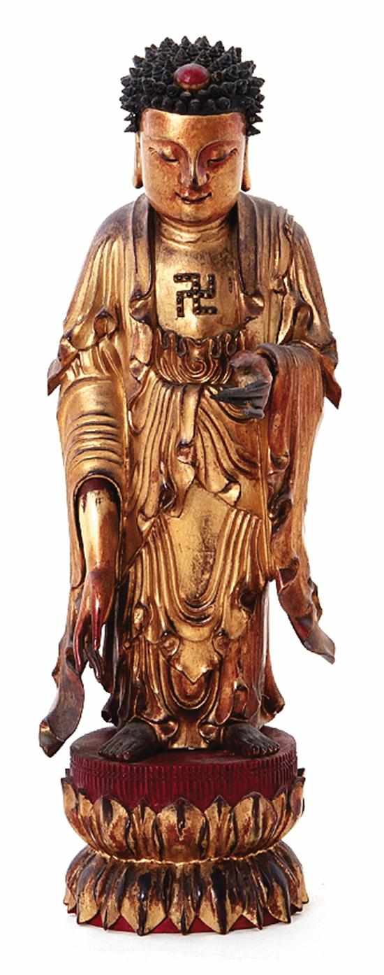 Appraisal: Tibetan carved giltwood Buddha late Qing dynasty standing figure with