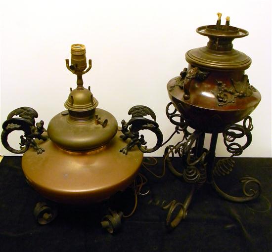 Appraisal: Two iron base lamps both on scrolled feet one copper