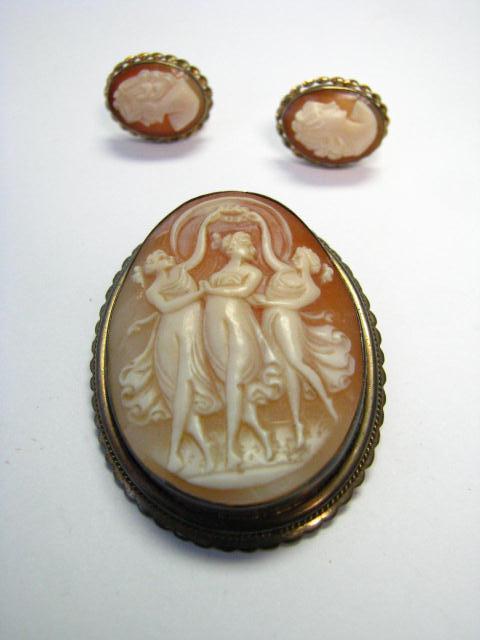 Appraisal: Antique cameo pin pendant and earrings pin depicting the Three