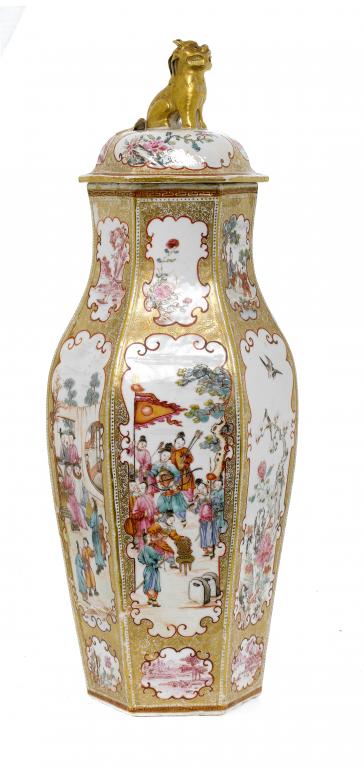 Appraisal: A FAMILLE ROSE HEXAGONAL VASE AND COVER finely enamelled in