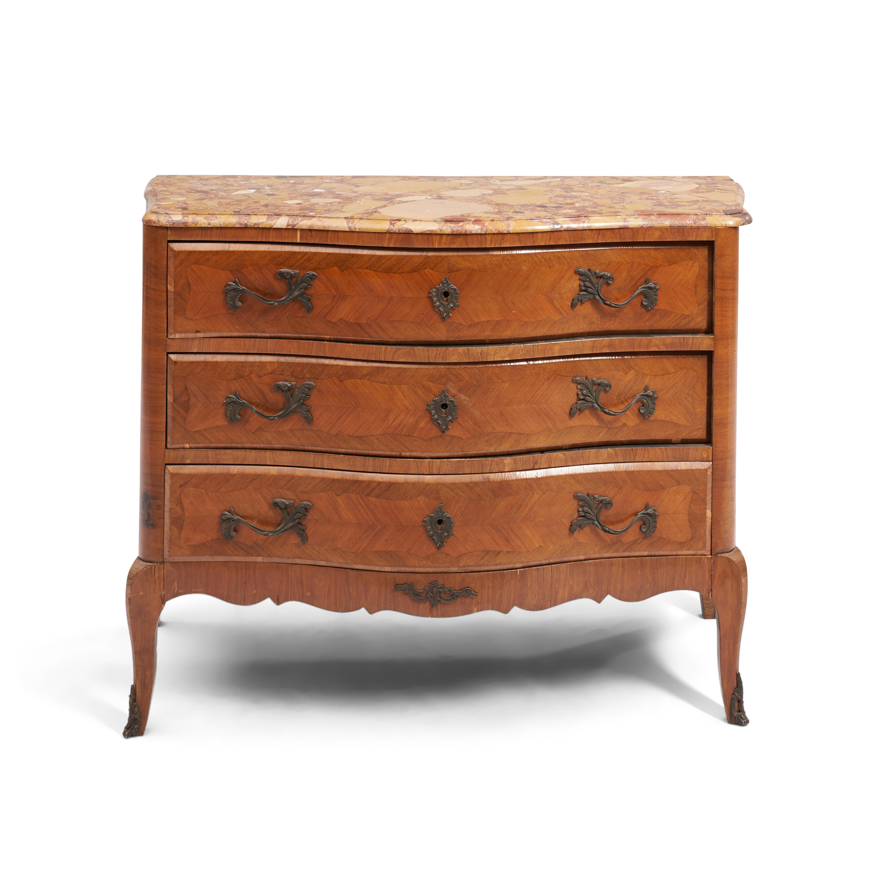 Appraisal: Louis XV-style Mahogany-veneer Marble-top Serpentine Bureau the three drawers with